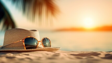 Fototapeta na wymiar Portrait sunset on the beach with straw hat and sunglasses AI Generative
