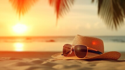 Fototapeta na wymiar Portrait sunset on the beach with straw hat and sunglasses AI Generative