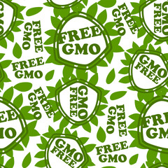 Seamless vector pattern GMO FREE. Non-GMO, organic, eco-friendly, clean, natural products. Color illustration, shades of green. Printing on textiles and paper, for posters, packaging of goods