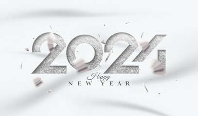 Happy new year 2024 with silver glitter metallic press numbers. Premium vector design for greeting, Invitation, banner poster and others.