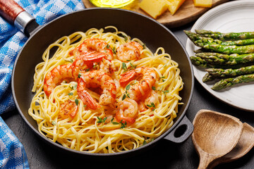 A delightful Italian pasta adorned with shrimps