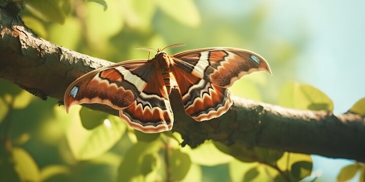 Portrait atlas moth on the branch with light exposure AI Generative