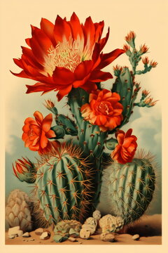 red cacti botanical lithograph illustration of flowers on vintage cream paper, generative ai