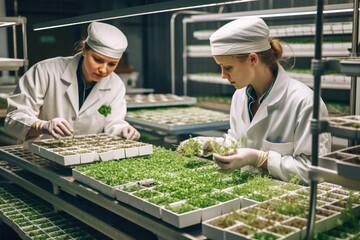 Two workers in white uniform in micro greens factory. Generative ai - obrazy, fototapety, plakaty