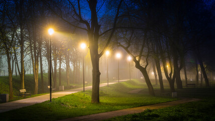 Oświetlona alejka w parku nocą 