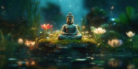 Portrait buddha statue with lotus flower AI Generative