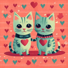 Fototapeta premium two cats in love retro valentines illustration made with generative ai