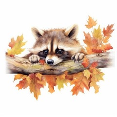 watercolor raccoon lies on a branch with autumn leaves on it Generative Ai