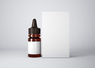 Amber glass dropper bottle mockup with box on gray background, 3d rendering