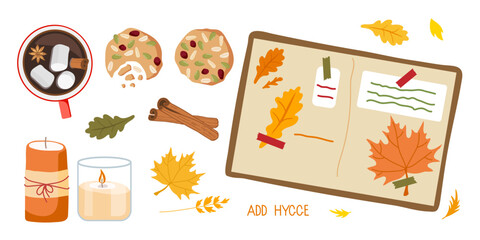 Cozy autumn set. Seasonal different elements hot chocolate mug, cookies, red leaves, candles, herbarium. Autumn vector illustration for Fall mood poster, sticker, postcard, flyer template.