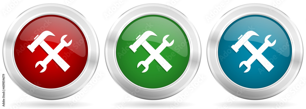 Poster tools, service vector icon set. red, blue and green silver metallic web buttons with chrome border