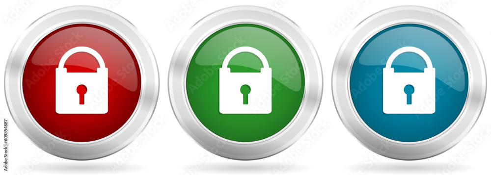 Poster Padlock, security vector icon set. Red, blue and green silver metallic web buttons with chrome border
