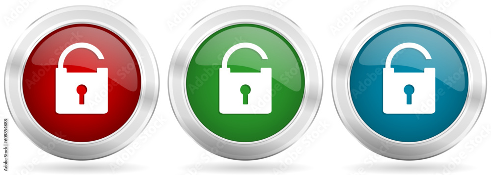 Poster padlock, security vector icon set. red, blue and green silver metallic web buttons with chrome borde