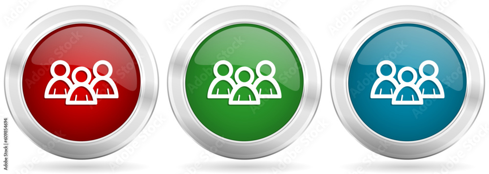 Poster people, group vector icon set. red, blue and green silver metallic web buttons with chrome border