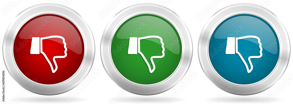 Poster dislike, unlike vector icon set. red, blue and green silver metallic web buttons with chrome border