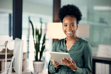 Portrait, smile and black woman with tablet, designer and creative in office. Technology, face and...