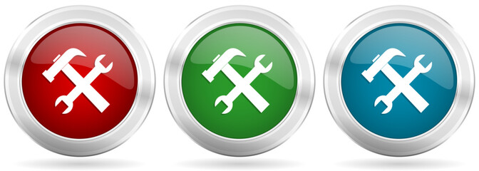 Obraz premium Tools, service vector icon set. Red, blue and green silver metallic web buttons with chrome border