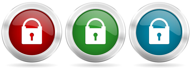 Padlock, security vector icon set. Red, blue and green silver metallic web buttons with chrome border