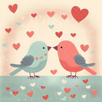 two birds in love retro valentines illustration made with generative ai