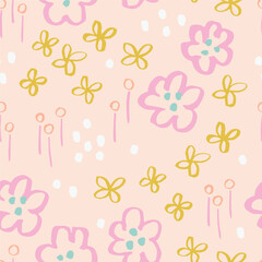 Beautiful Floral Field vector texture. Seamless floral pattern with hand drawn ink flowers and leaves. Abstract botanical background