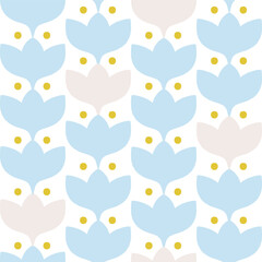 Retro abstract floral texture. Seamless vector pattern with repetition of flowers and dots. Geometrical simple flowers in a line