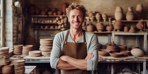In a workshop, a portrait captures a handsome male potter master wearing a slight smile, showcasing his candid demeanor. His skilled hands expertly shape clay on the wheel. Generative AI