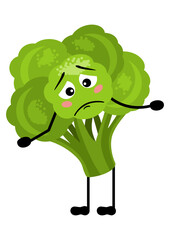 Funny green broccolis mascot feeling sad