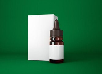 Amber glass dropper bottle mockup on green background, 3d rendering
