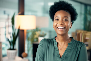 Funny, portrait and black woman, designer or creative in office workplace. Happy, face and African...