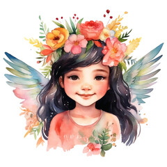 Cute baby angel with a floral wreath. Watercolor illustration, AI Generative