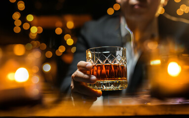 Closeup businessmen holding a glass of whiskey