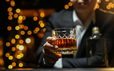 Closeup businessmen holding a glass of whiskey