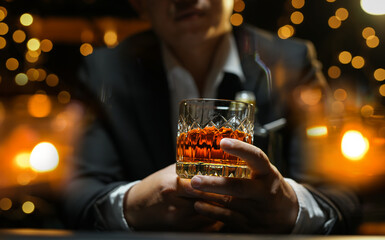 Closeup businessmen holding a glass of whiskey