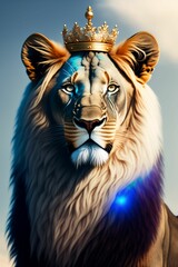 Lion with white hair and light blue eyes and an crown in the head