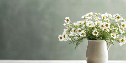 Fototapeta na wymiar Beautiful vase of chamomile flowers on the table with sun exposure