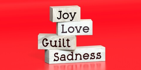 Joy, love, guilt, sadness - words on wooden blocks - 3D illustration