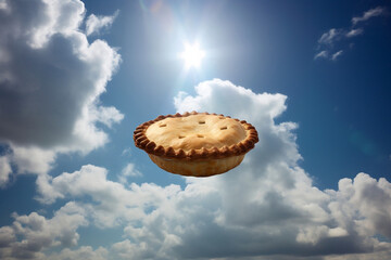 A pie in the sky represents the saying 'pie in the sky', symbolizing a promise of good things in the future which are unlikely to ever happen.