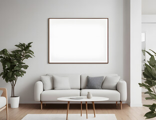 Poster frame mock up, minimal Scandinavian white style living room interior, modern living room interior background, Ai generative.