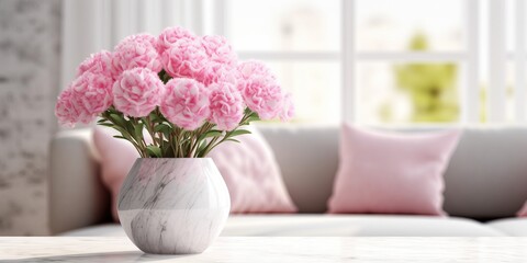 Beautiful vase of carnation flowers on the table with sun exposure