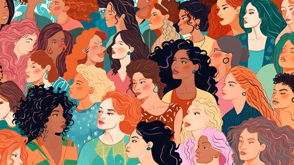 Fototapeta premium Vector illustration of a diverse group of beautiful women with natural beauty and glowing smooth skin, Generative AI