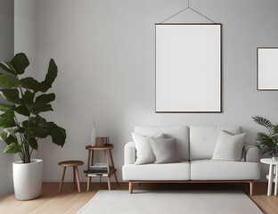 Poster frame mock up, minimal Scandinavian white style living room interior, modern living room interior background, Ai generative