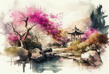 beautiful blooming Japanese garden, watercolor style Generative AI