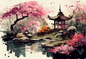 beautiful blooming Japanese garden, watercolor style Generative AI