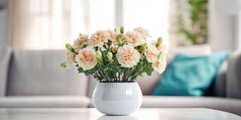 Beautiful vase of carnation flowers on the table with sun exposure