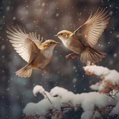 Fototapeta premium Winter Sparrow Takes Flight with Wings Spread in the Snow Generative Ai