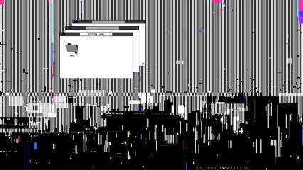 Vintage digital glitch abstract background template design with vintage computer message box windows, mono black and white vhs effects, modern-classic nostalgic feeling