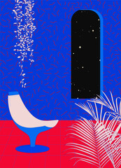 Aesthetic retro - vintage space age illustration, room and tropical plants dischidia and palm leaves with arch window and space view, simple two tone color design