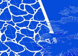 Swimming pool and palm tree, flat simple design mono ultramarine blue color, cool summer background design illustration