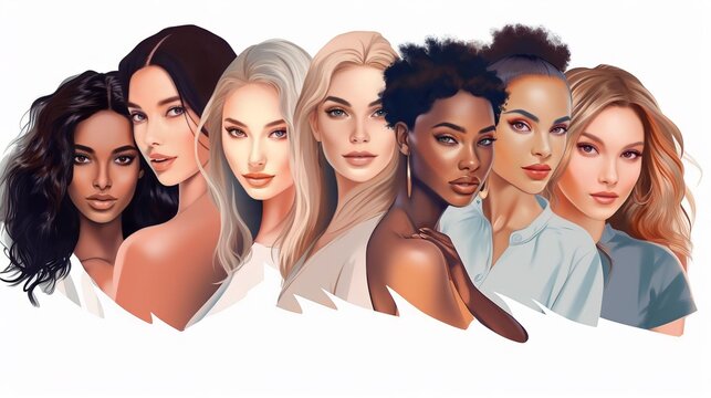 Vector illustration of a diverse group of beautiful women with natural beauty and glowing smooth skin, Generative AI