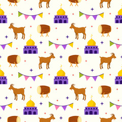 Happy Eid Al Adha Mubarak Seamless Pattern of Muslims Celebration with Sacrificial Animals in Template Hand Drawn Cartoon Flat Illustration